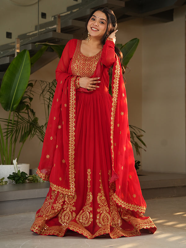 Red Faux Blooming Sequins Embroidered Gown With Dupatta