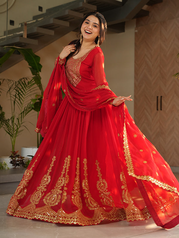 Red Faux Blooming Sequins Embroidered Gown With Dupatta