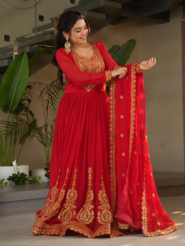 Red Faux Blooming Sequins Embroidered Gown With Dupatta