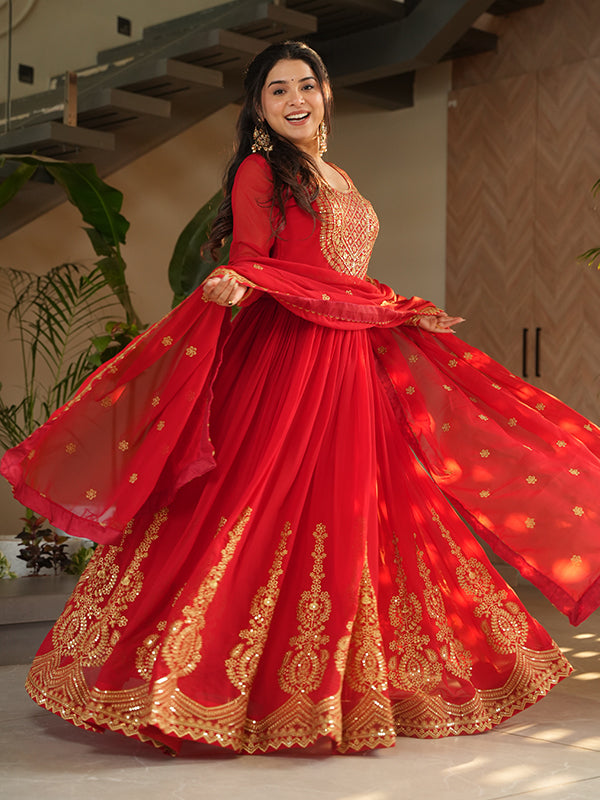 Red Faux Blooming Sequins Embroidered Gown With Dupatta