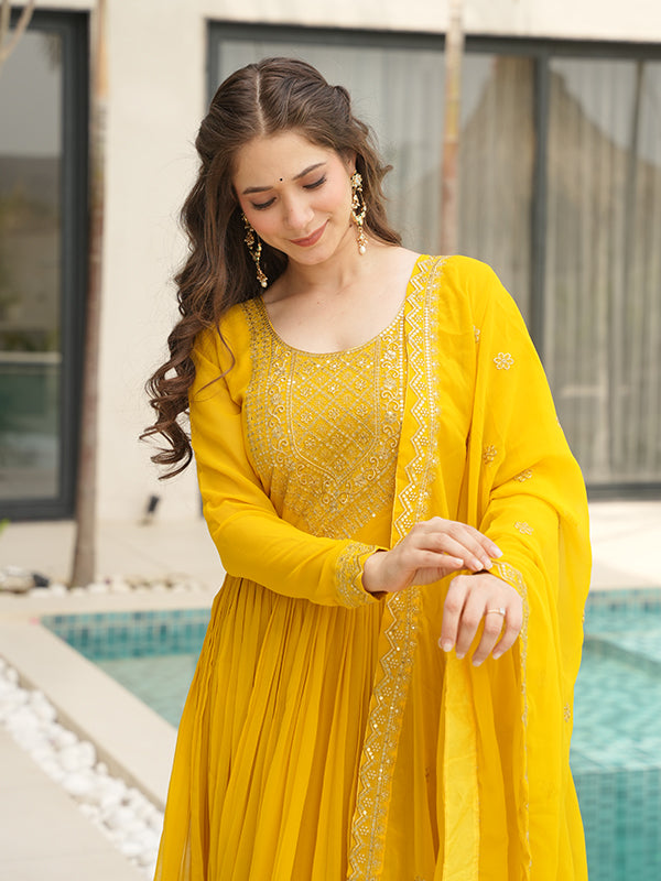 Yellow Faux Blooming Sequins Embroidered Gown With Dupatta
