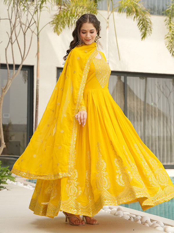 Yellow Faux Blooming Sequins Embroidered Gown With Dupatta