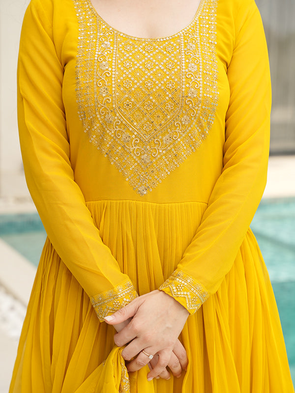 Yellow Faux Blooming Sequins Embroidered Gown With Dupatta