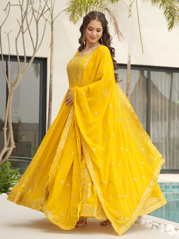 Yellow Faux Blooming Sequins Embroidered Gown With Dupatta