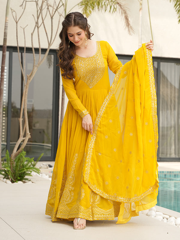 Yellow Faux Blooming Sequins Embroidered Gown With Dupatta