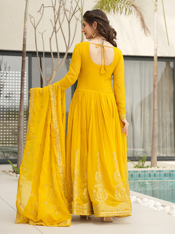 Yellow Faux Blooming Sequins Embroidered Gown With Dupatta