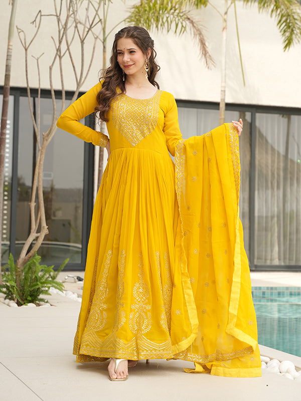 Yellow Faux Blooming Sequins Embroidered Gown With Dupatta