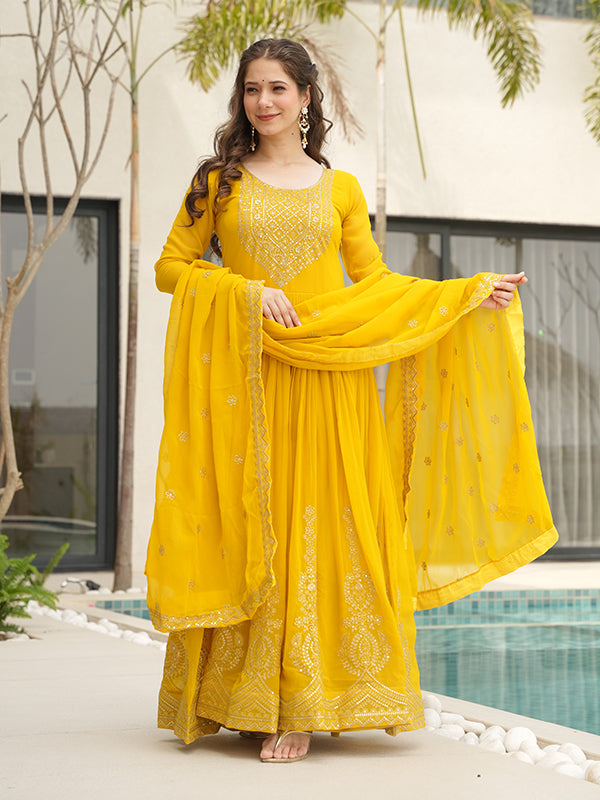 Yellow Faux Blooming Sequins Embroidered Gown With Dupatta