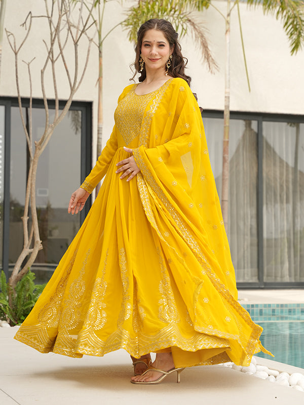 Yellow Faux Blooming Sequins Embroidered Gown With Dupatta