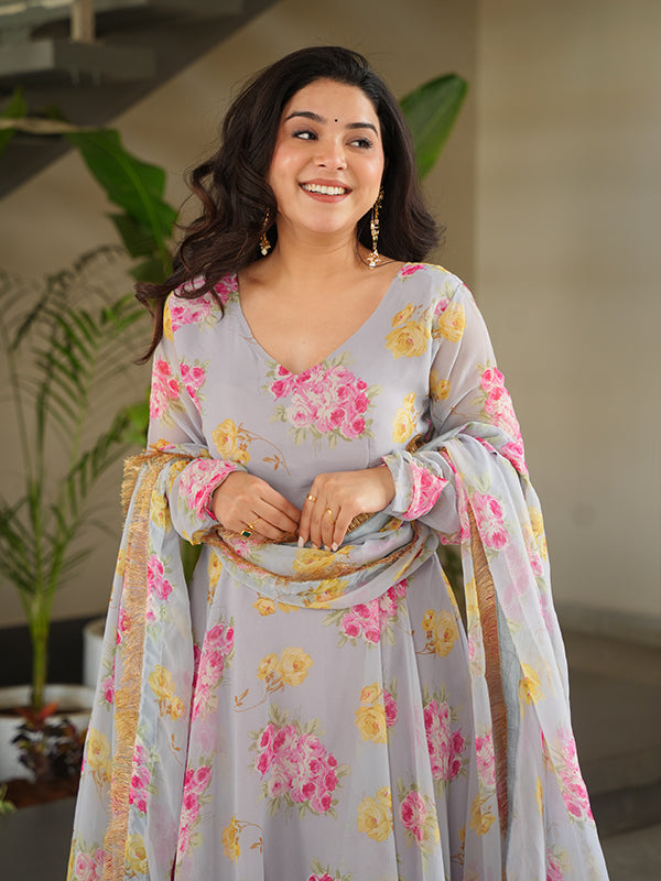 Beige Georgette Flower Printed Gown With Dupatta Set