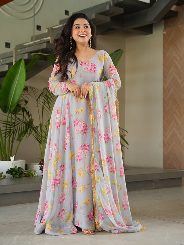 Beige Georgette Flower Printed Gown With Dupatta Set