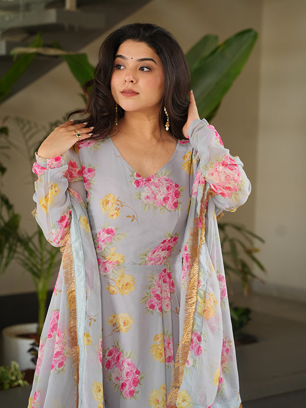 Beige Georgette Flower Printed Gown With Dupatta Set