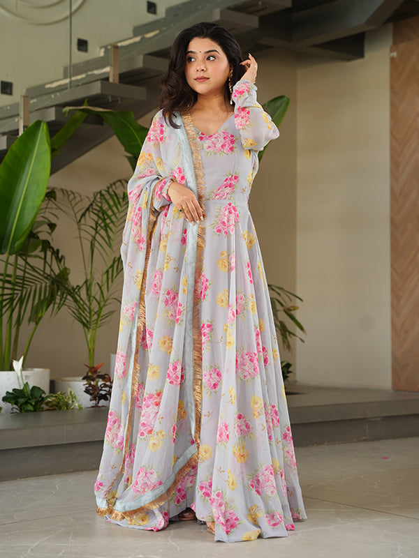 Beige Georgette Flower Printed Gown With Dupatta Set