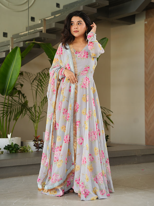 Beige Georgette Flower Printed Gown With Dupatta Set
