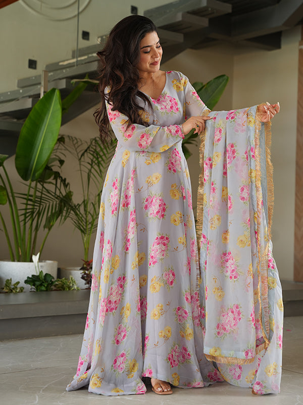 Beige Georgette Flower Printed Gown With Dupatta Set