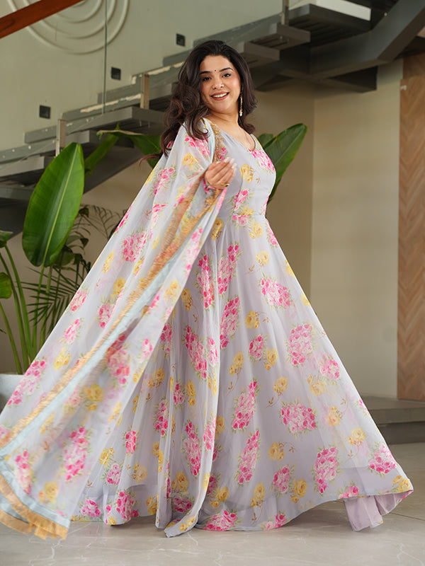 Beige Georgette Flower Printed Gown With Dupatta Set