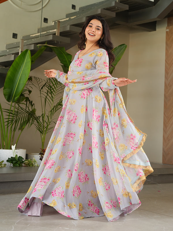 Beige Georgette Flower Printed Gown With Dupatta Set