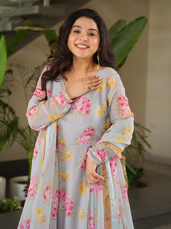Beige Georgette Flower Printed Gown With Dupatta Set
