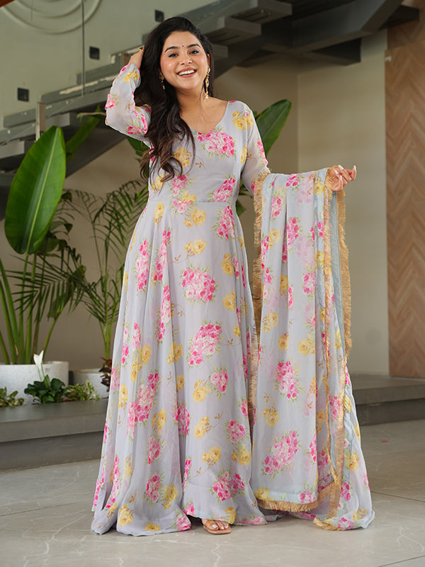 Beige Georgette Flower Printed Gown With Dupatta Set
