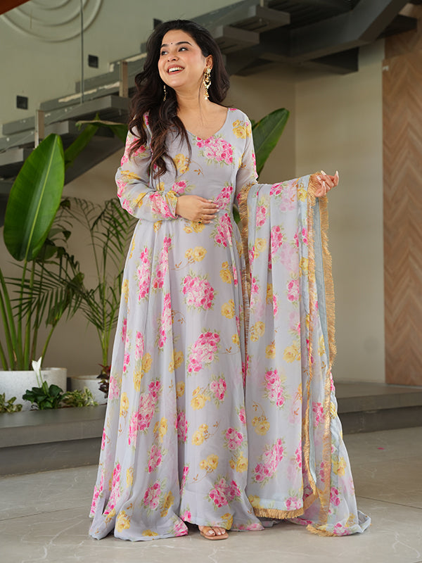 Beige Georgette Flower Printed Gown With Dupatta Set