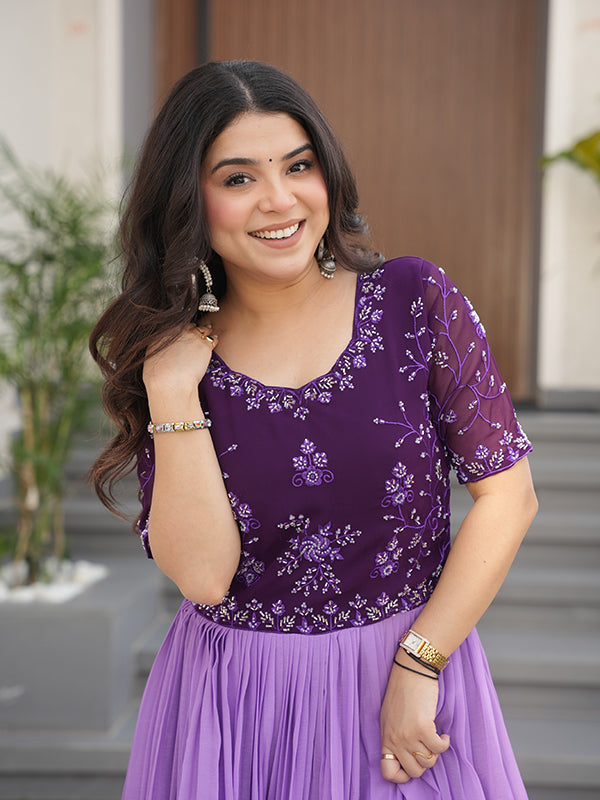 Purple Faux Blooming With Beads Embroidered Work Gown