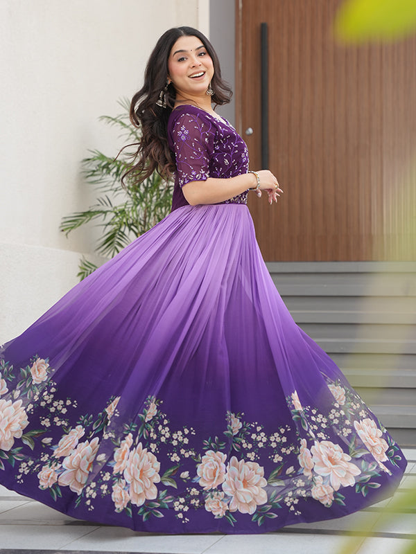 Purple Faux Blooming With Beads Embroidered Work Gown