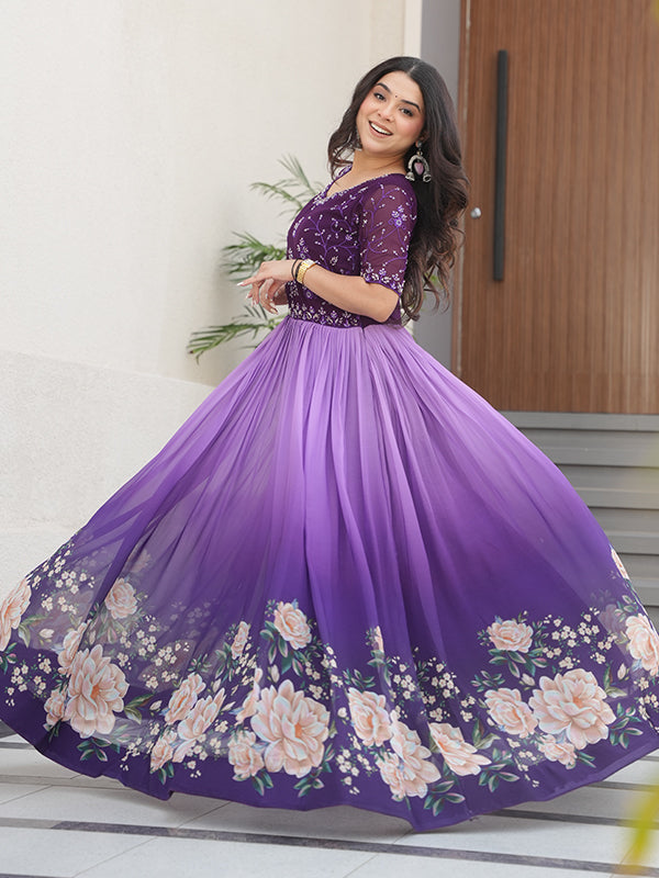 Purple Faux Blooming With Beads Embroidered Work Gown
