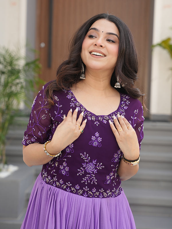 Purple Faux Blooming With Beads Embroidered Work Gown