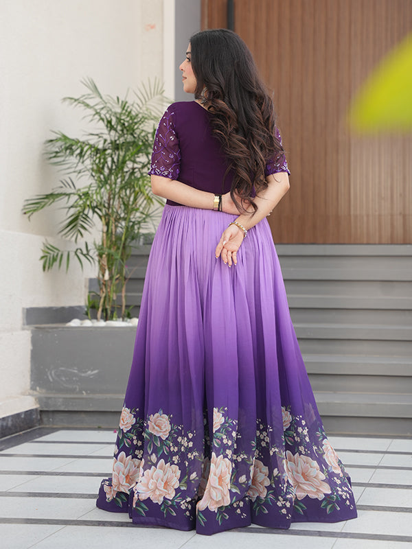 Purple Faux Blooming With Beads Embroidered Work Gown