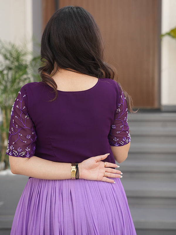 Purple Faux Blooming With Beads Embroidered Work Gown