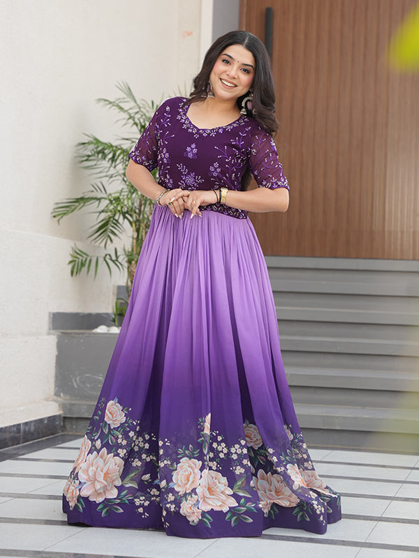 Purple Faux Blooming With Beads Embroidered Work Gown