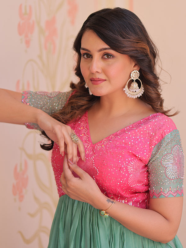 Pink Gold Crush With Beads Embroidered Work Gown