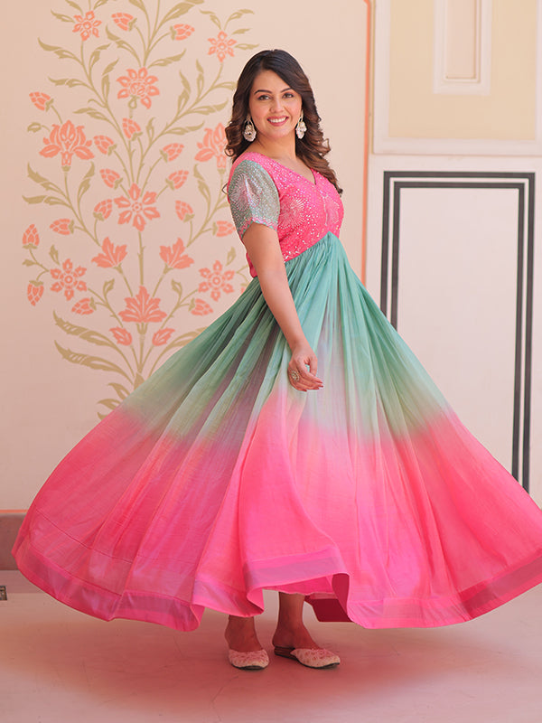 Pink Gold Crush With Beads Embroidered Work Gown