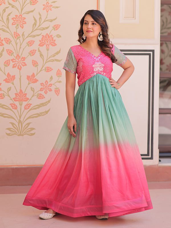 Pink Gold Crush With Beads Embroidered Work Gown