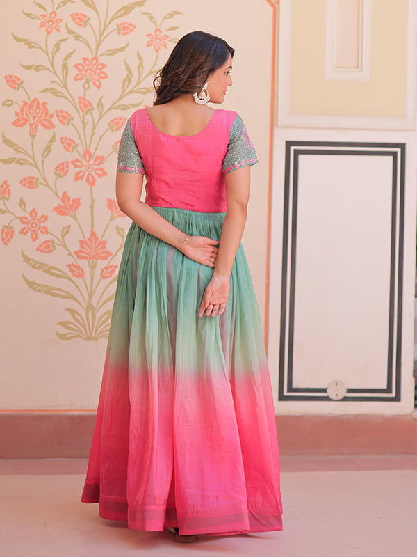 Pink Gold Crush With Beads Embroidered Work Gown