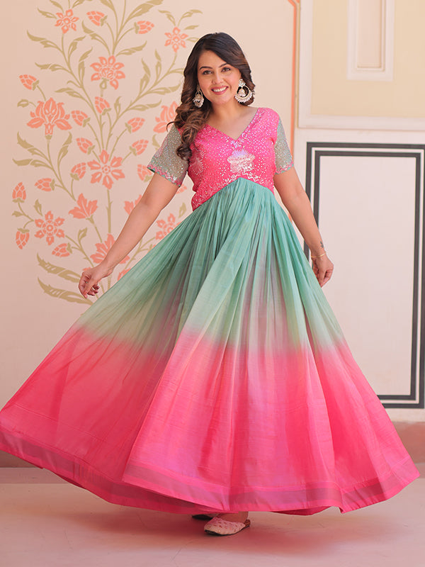 Pink Gold Crush With Beads Embroidered Work Gown