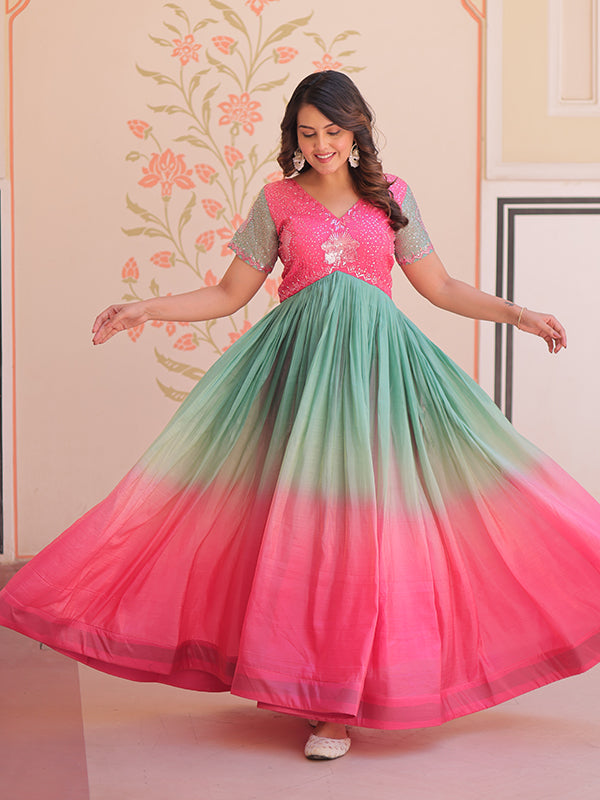 Pink Gold Crush With Beads Embroidered Work Gown