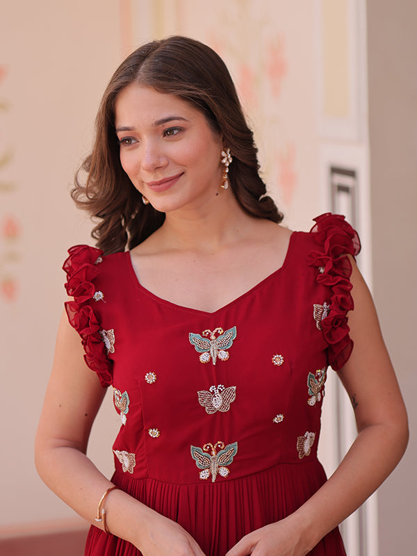 Maroon Faux Blooming With Multithreaded Sequins Gown