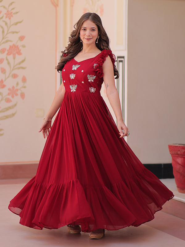 Maroon Faux Blooming With Multithreaded Sequins Gown