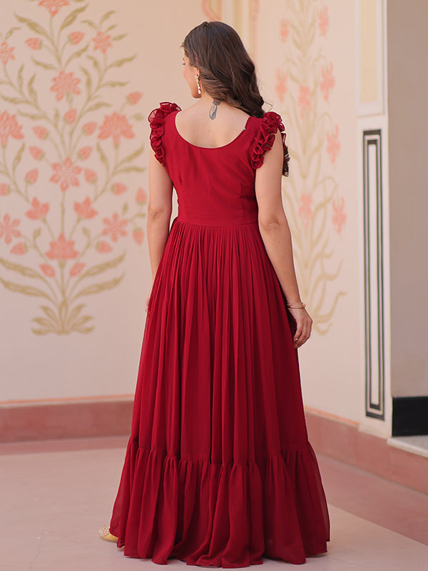 Maroon Faux Blooming With Multithreaded Sequins Gown