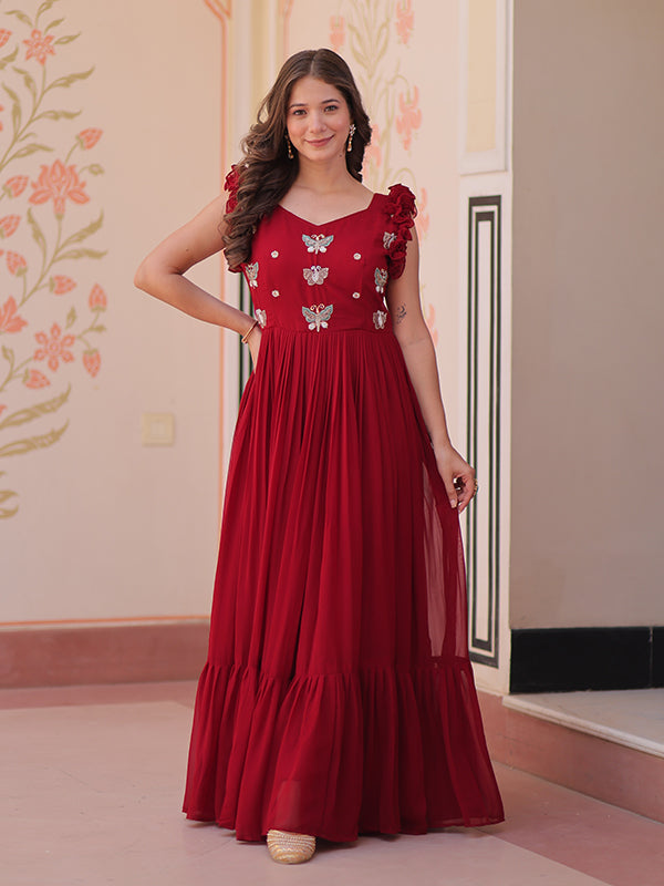 Maroon Faux Blooming With Multithreaded Sequins Gown