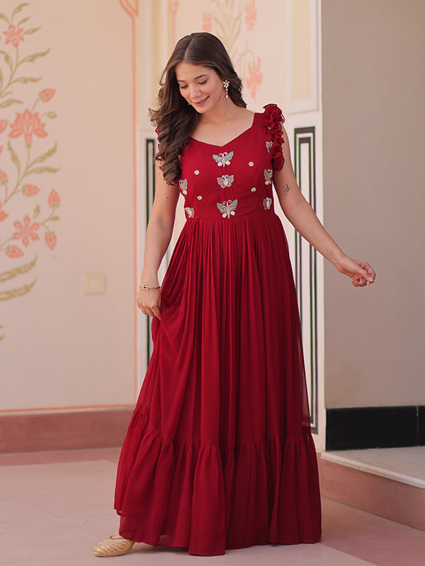 Maroon Faux Blooming With Multithreaded Sequins Gown
