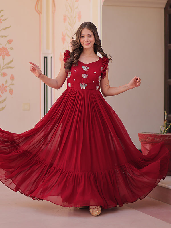 Maroon Faux Blooming With Multithreaded Sequins Gown