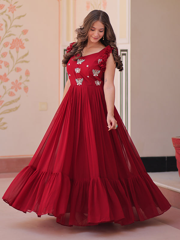 Maroon Faux Blooming With Multithreaded Sequins Gown