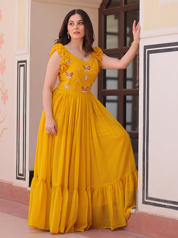 Yellow Faux Blooming With Multithreaded Sequins Gown
