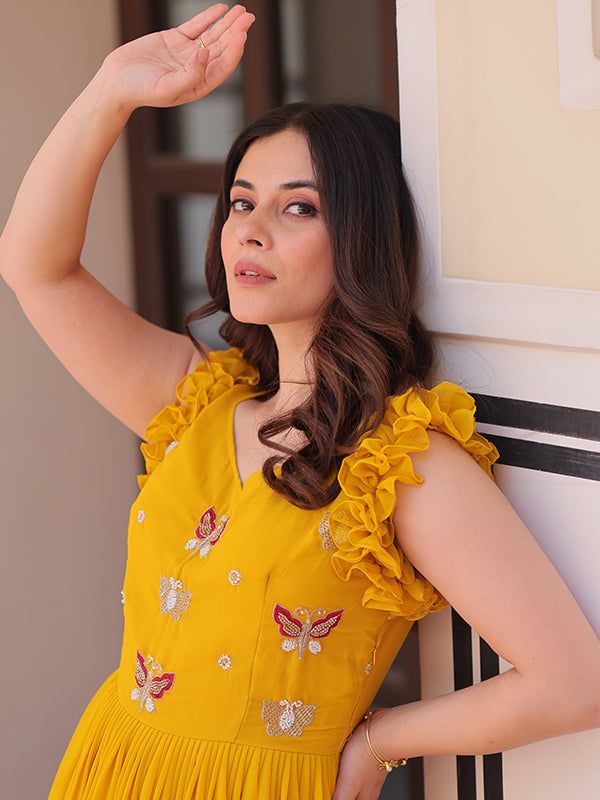 Yellow Faux Blooming With Multithreaded Sequins Gown