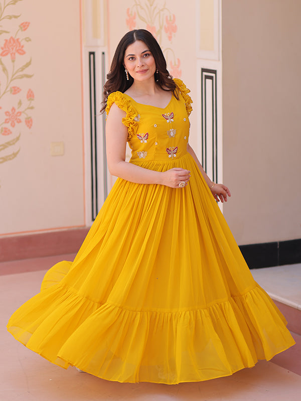 Yellow Faux Blooming With Multithreaded Sequins Gown