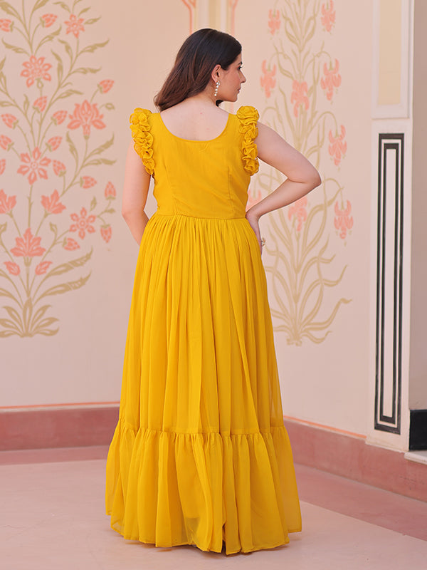 Yellow Faux Blooming With Multithreaded Sequins Gown
