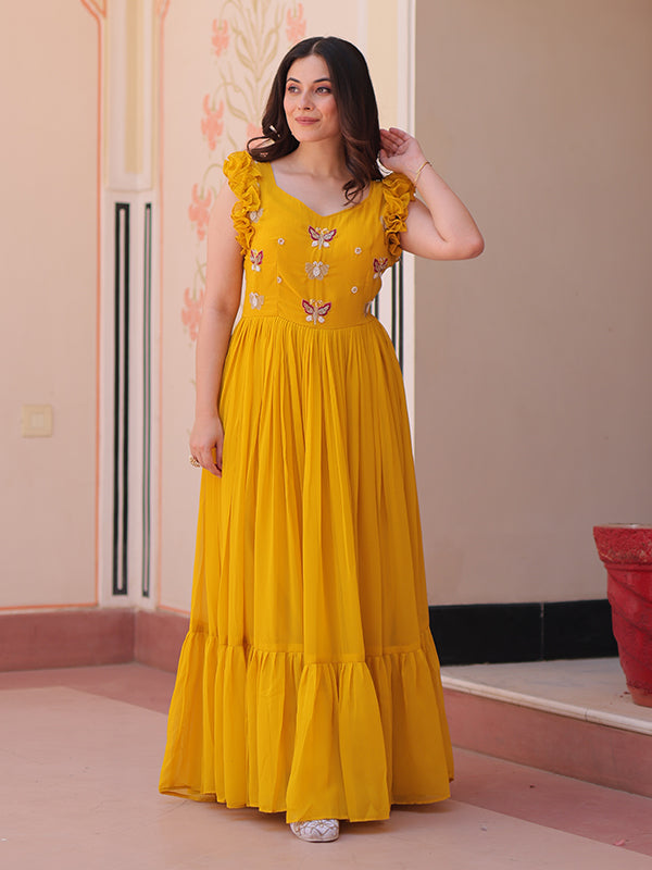 Yellow Faux Blooming With Multithreaded Sequins Gown