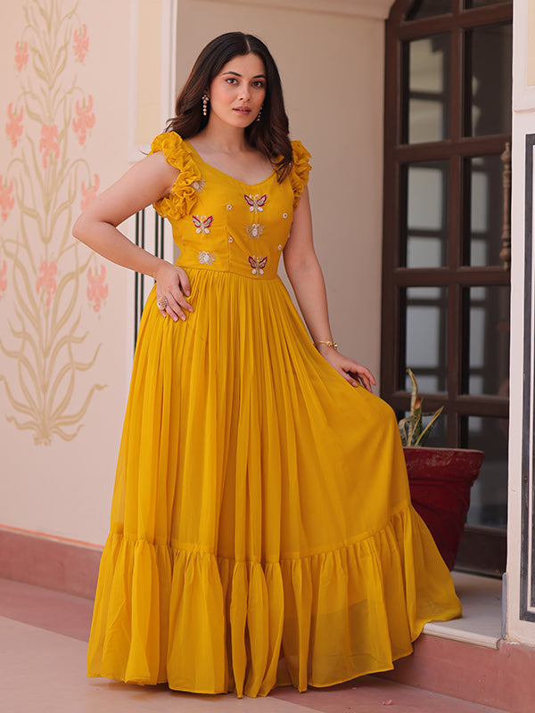Yellow Faux Blooming With Multithreaded Sequins Gown